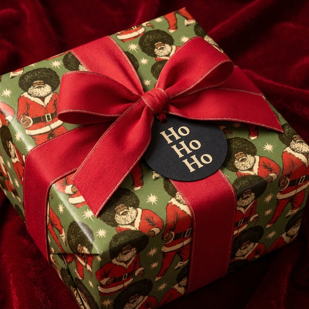 Black Santa Christmas wrapping paper with red bow and Ho Ho Ho tag by Wrapped Studios.