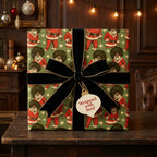 Retro Black Santa Christmas wrapping paper with a luxury black velvet bow, by Wrapped Studios.