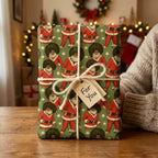 Black Santa holiday wrapping paper by Wrapped Studios on a gift box tied with twine.
