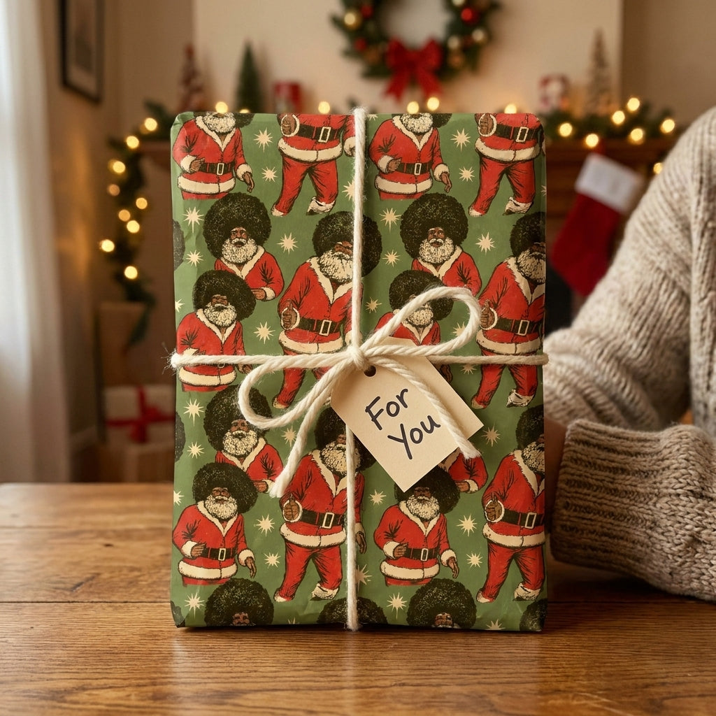 Black Santa holiday wrapping paper by Wrapped Studios on a gift box tied with twine.