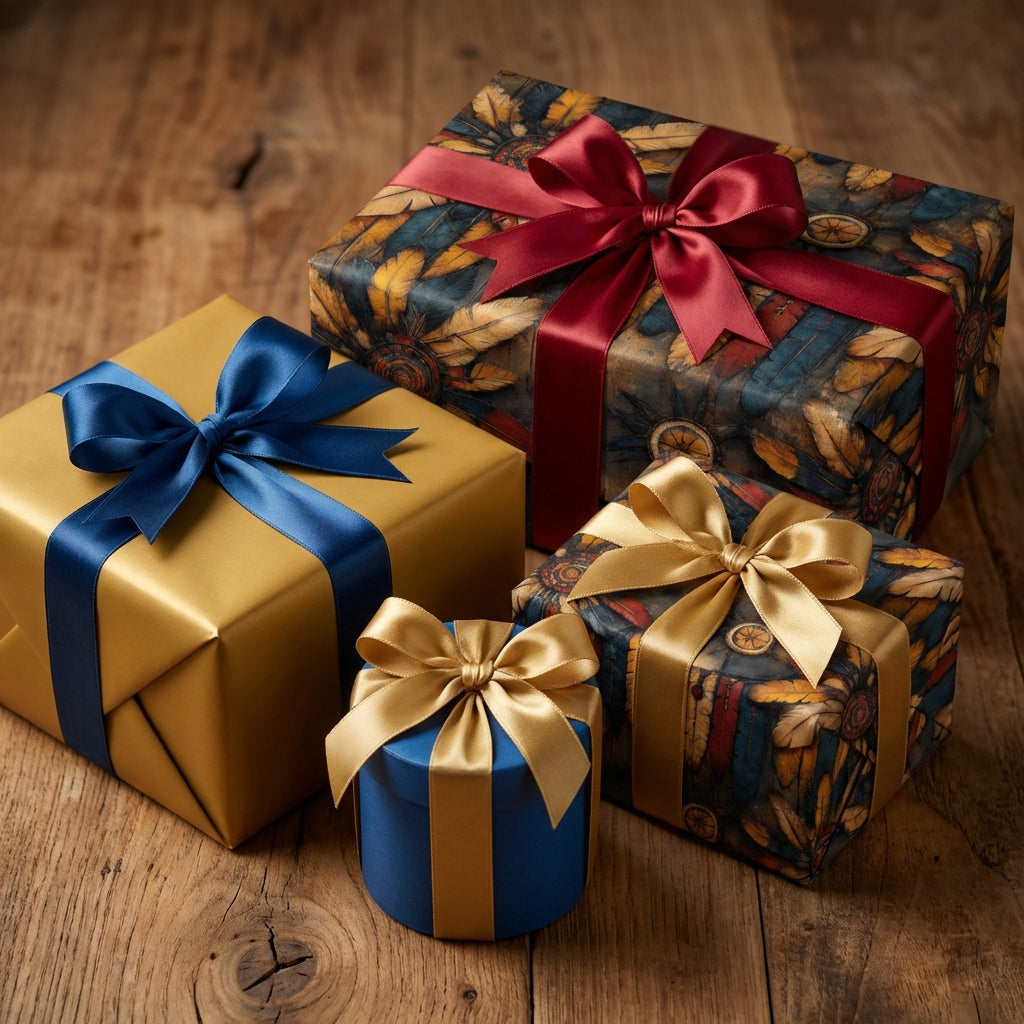 Elegant gift boxes wrapped in floral and solid gold/blue wrapping paper, adorned with satin ribbons on a wood surface.