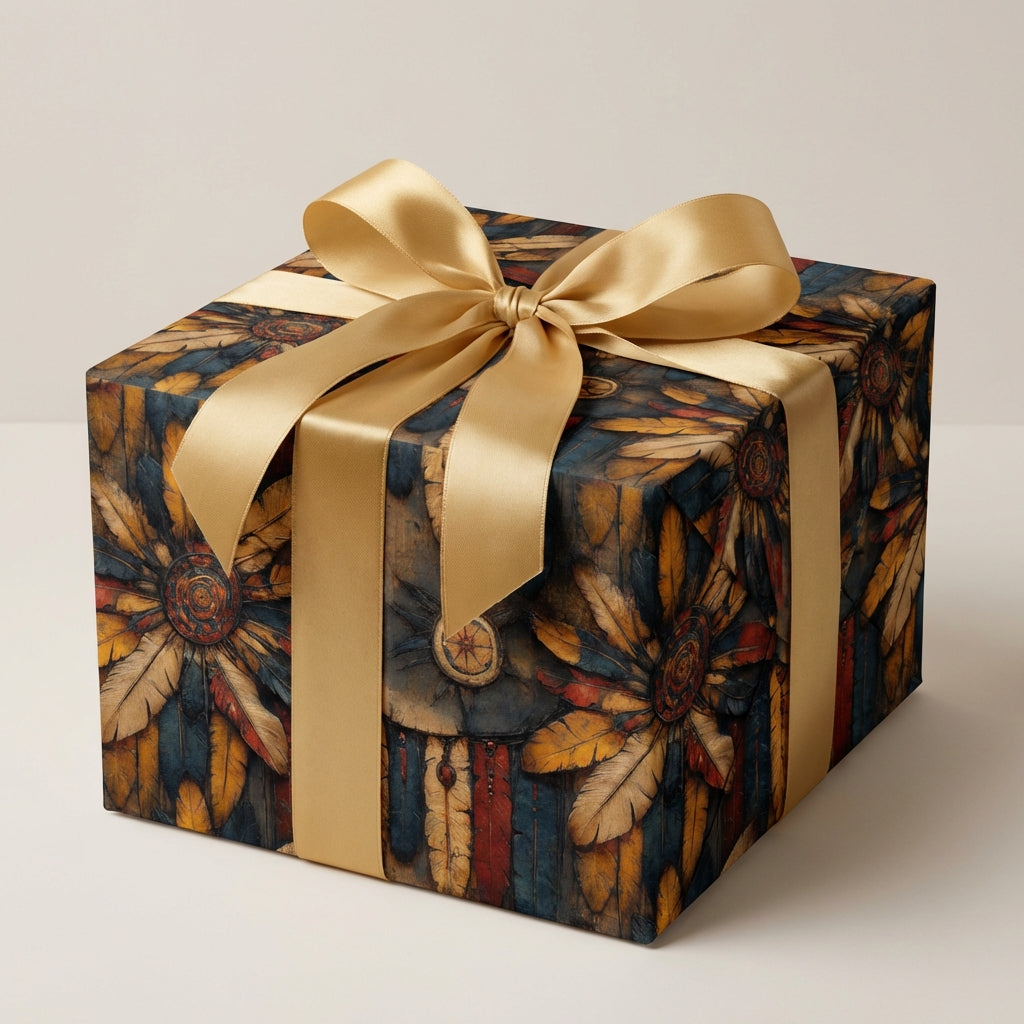 Square gift wrapped in rustic floral wrapping paper with gold satin ribbon.