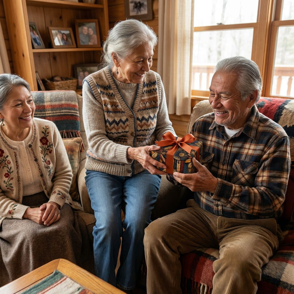 Elderly woman gives a gift wrapped in rustic floral wrapping paper with a burnt orange ribbon to an elderly man.