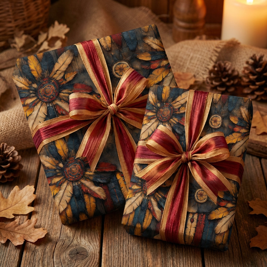 Rustic autumn gift wrap featuring a feathered floral pattern and red/gold ribbon, perfect for Thanksgiving or fall birthdays.