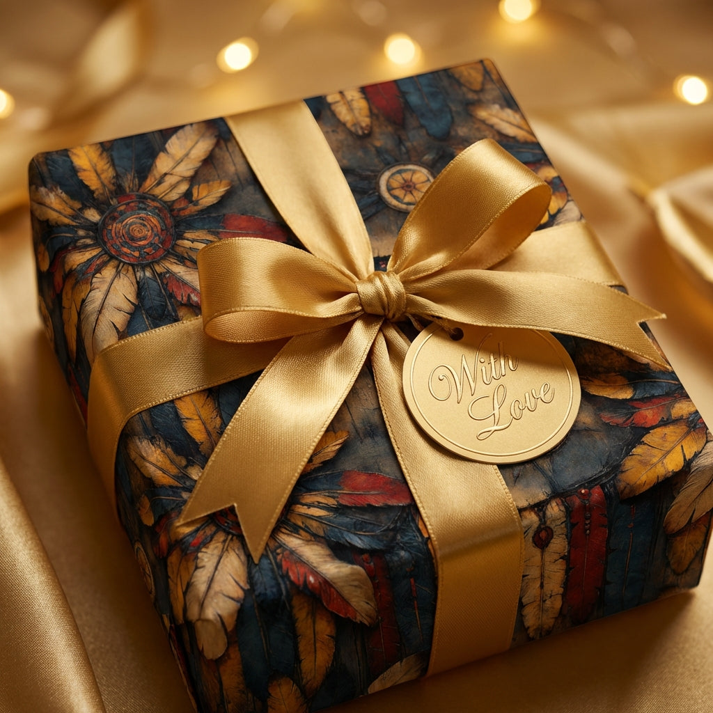 Elegant gift box wrapped in feather-patterned paper with a gold ribbon and "With Love" tag.