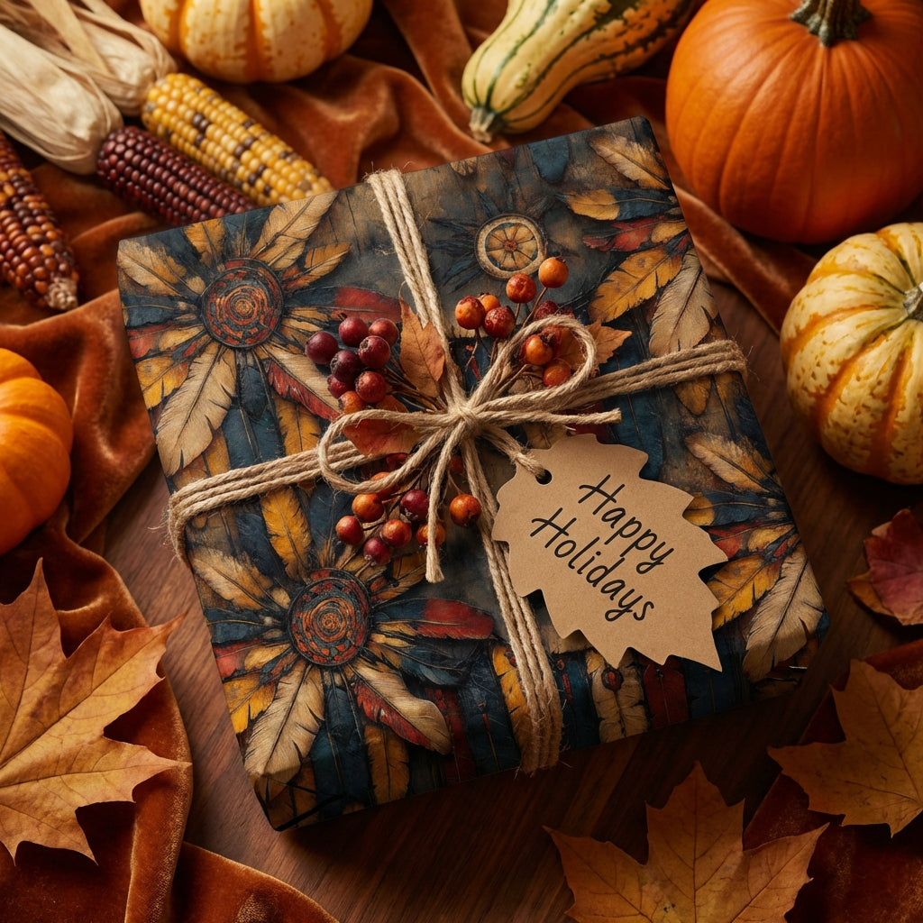 Fall harvest gift with autumnal floral wrapping paper, twine bow, and a "Happy Holidays" tag.