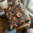 Unique floral wrapping paper with a rustic leather cord and gift tag on a square box, warm earthy tones.