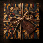 Rustic gift box wrapped in feather pattern paper, tied with twine and a leather "From Me to You" tag.