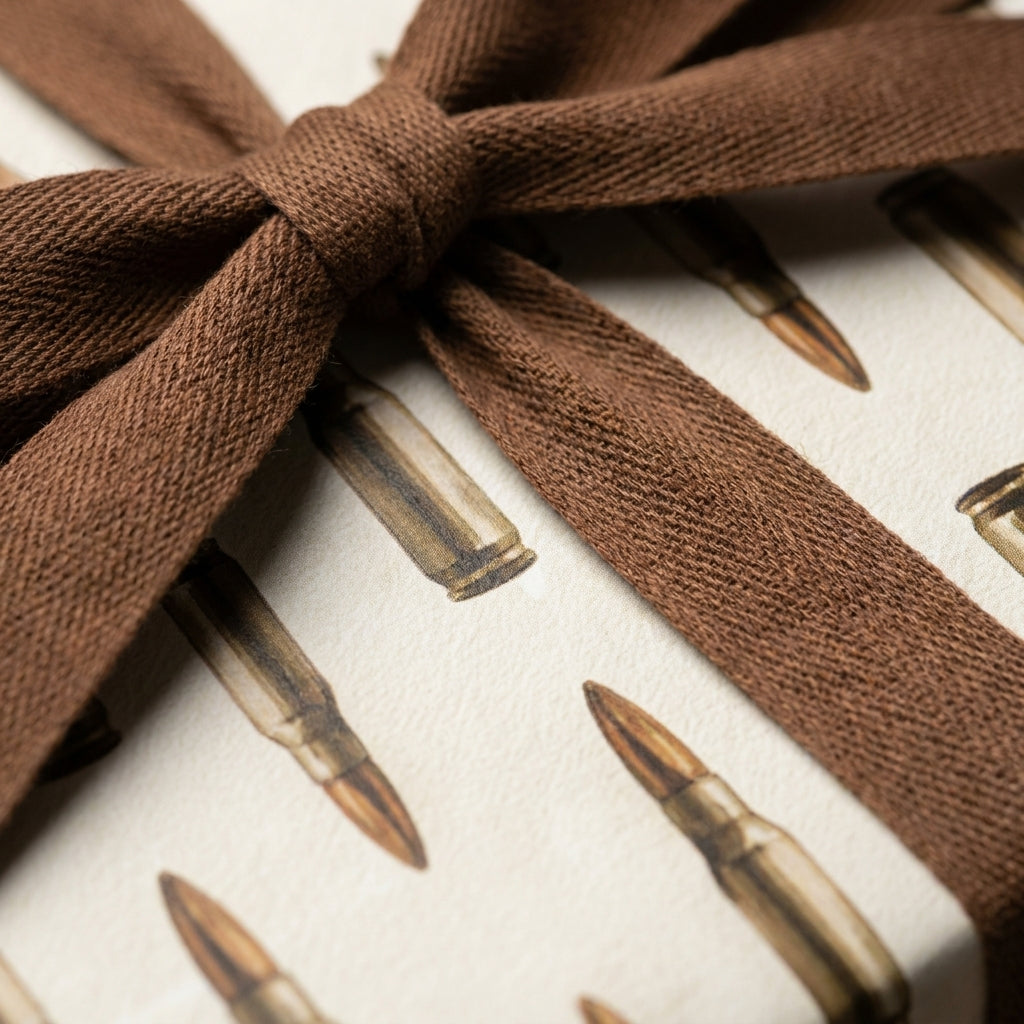 Bullet pattern wrapping paper with a brown ribbon, masculine hunting gift wrap by Wrapped Studios.