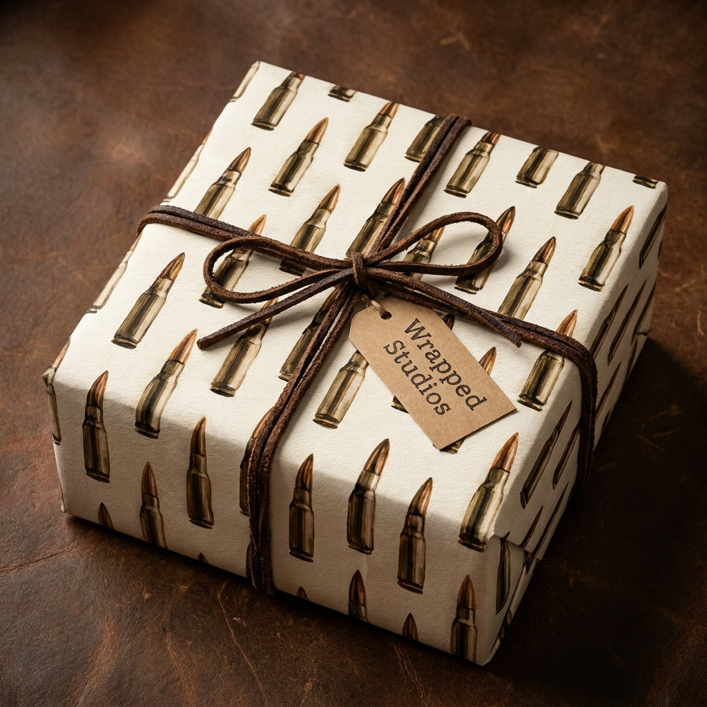 Bullet wrapping paper with a rifle ammo pattern and leather bow on a gift box, by Wrapped Studios.