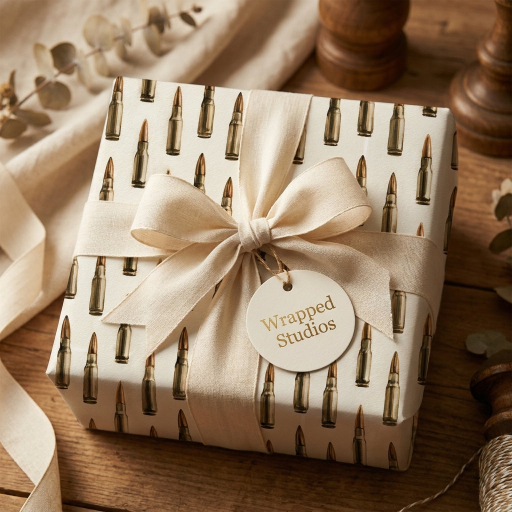 Rustic bullet wrapping paper with a cream ribbon bow and gift tag from Wrapped Studios.