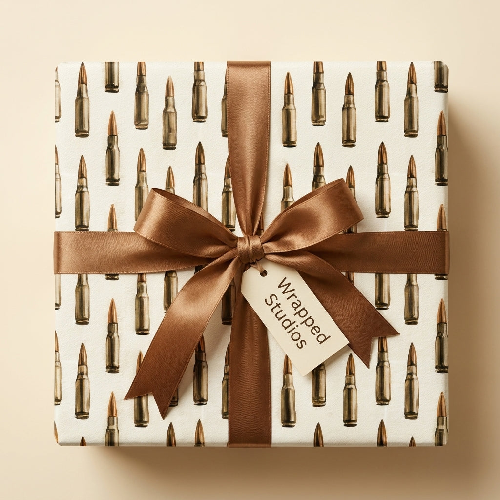 Bullet wrapping paper with a brown satin bow on a gift box by Wrapped Studios.