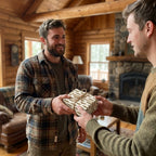 Men exchanging a gift in masculine bullet wrapping paper in a cozy cabin by Wrapped Studios.