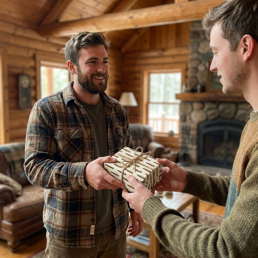 Men exchanging a gift in masculine bullet wrapping paper in a cozy cabin by Wrapped Studios.