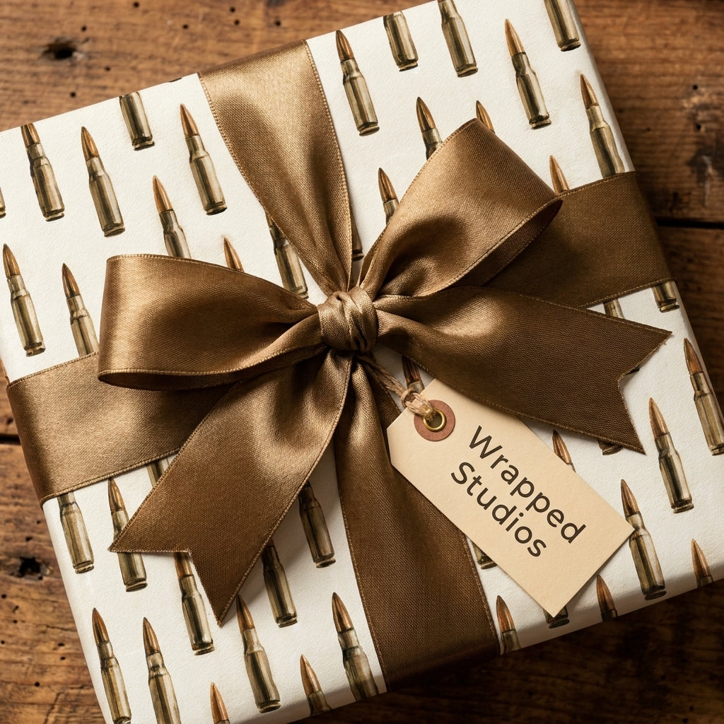 Bullet wrapping paper with a bronze satin bow on a rustic wood table, by Wrapped Studios.