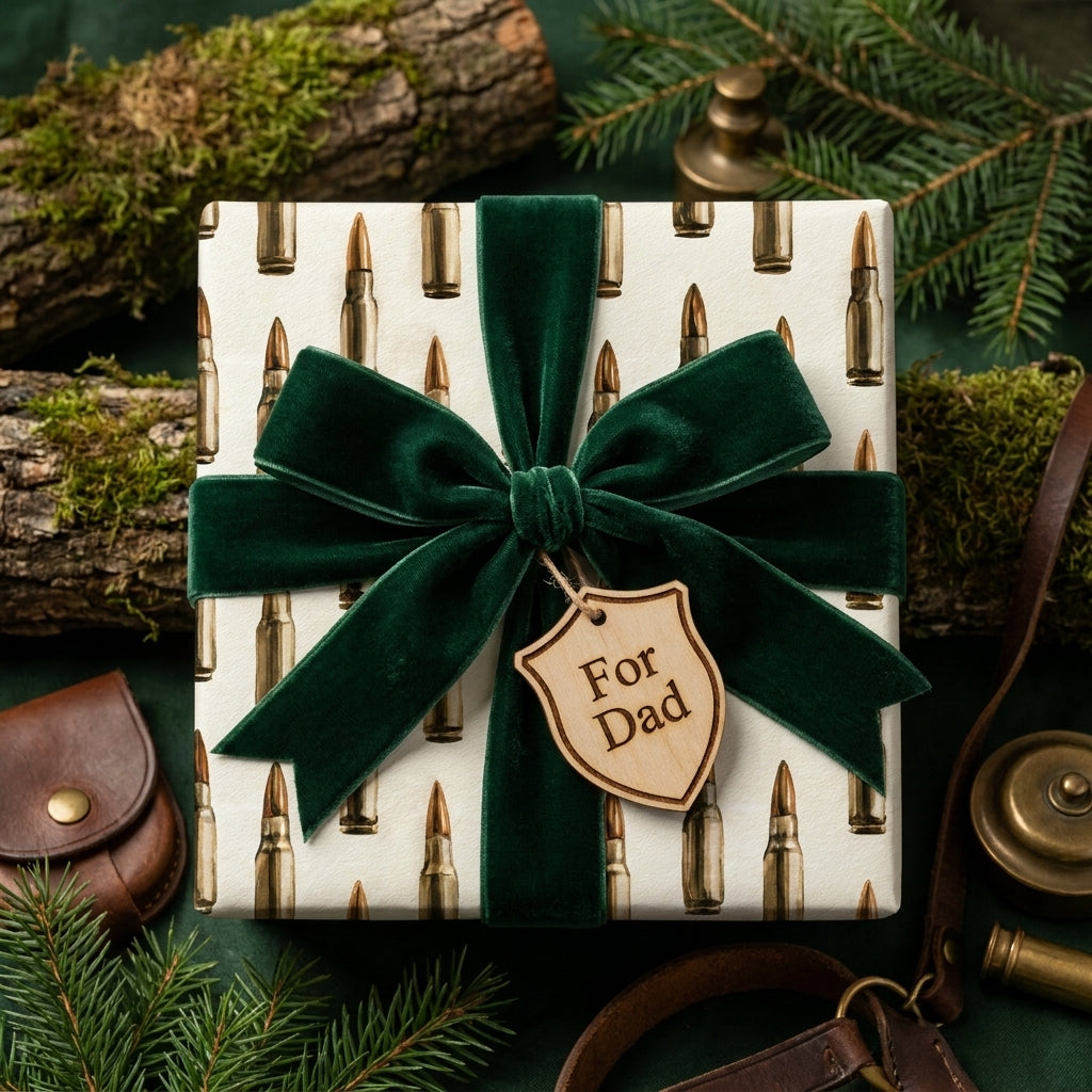 Bullet pattern hunting gift wrap with green velvet bow for Father's Day, by Wrapped Studios.