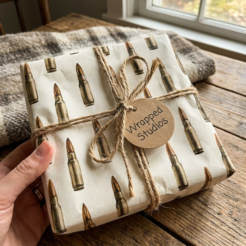 Rustic bullet wrapping paper by Wrapped Studios on a gift box tied with twine.