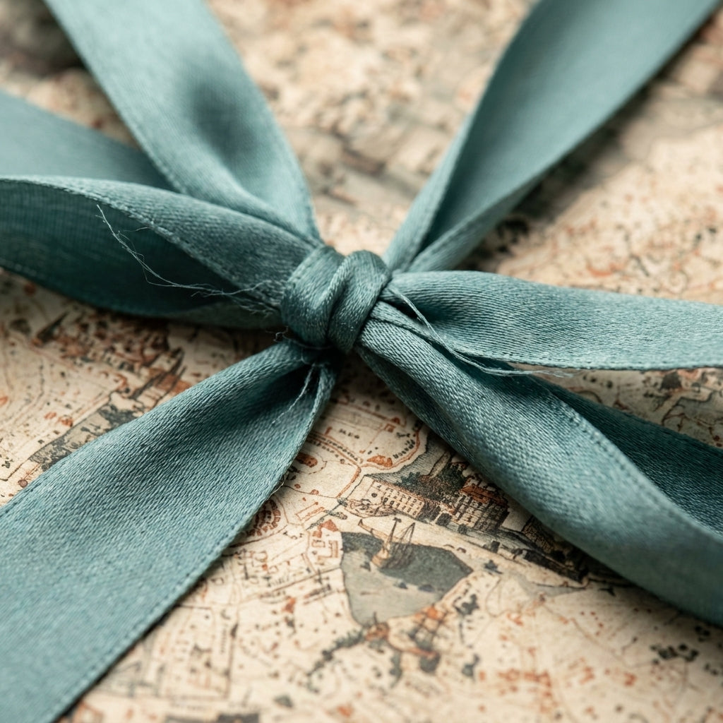 Vintage map wrapping paper tied with a dusty teal ribbon, luxury gift wrap by Wrapped Studios.
