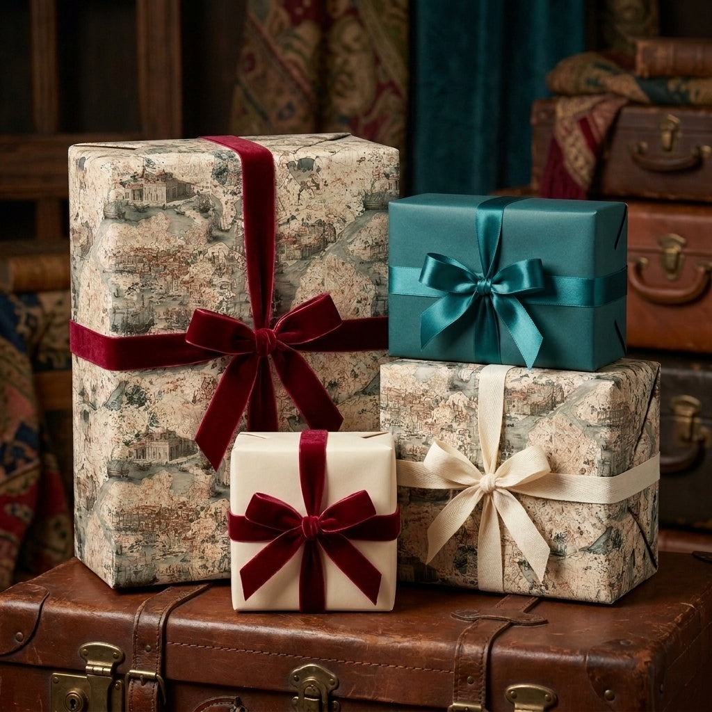 Antique map wrapping paper and luxury gift wrap with velvet bows on a suitcase by Wrapped Studios.