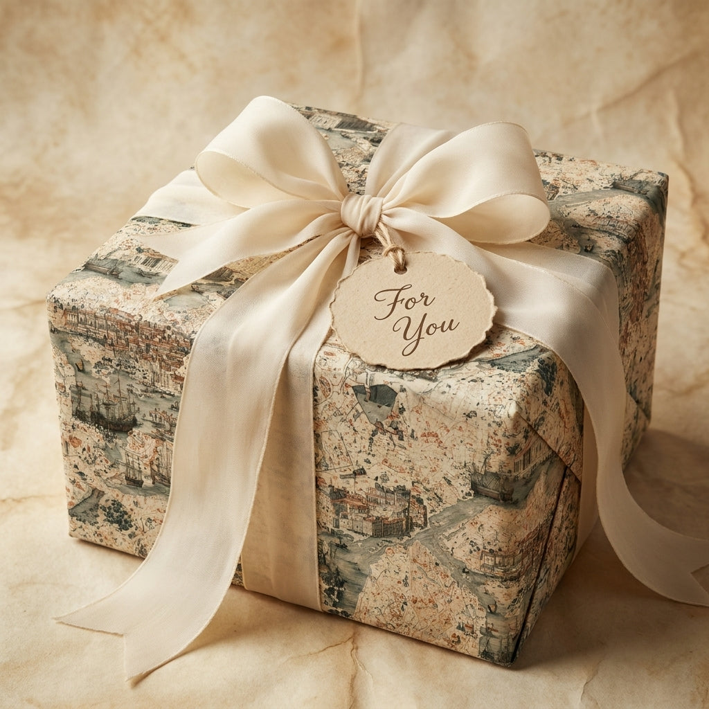 Luxury vintage map wrapping paper with a cream silk bow and gift tag by Wrapped Studios.