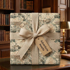 Vintage map luxury gift wrap with a linen ribbon and 'Adventure Awaits' tag, by Wrapped Studios.