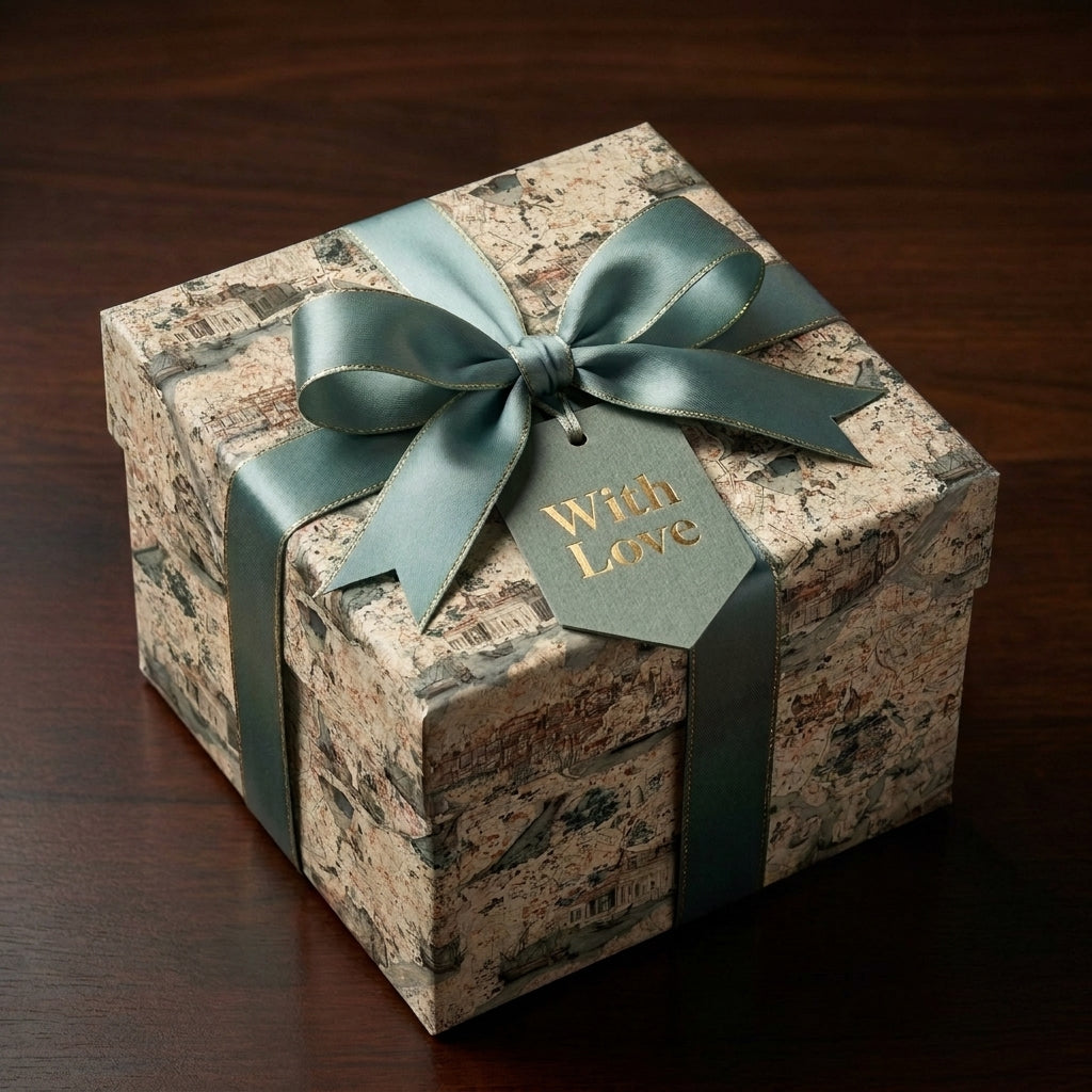 Vintage wrapping paper on a luxury gift box with sage green ribbon and With Love tag by Wrapped Studios.