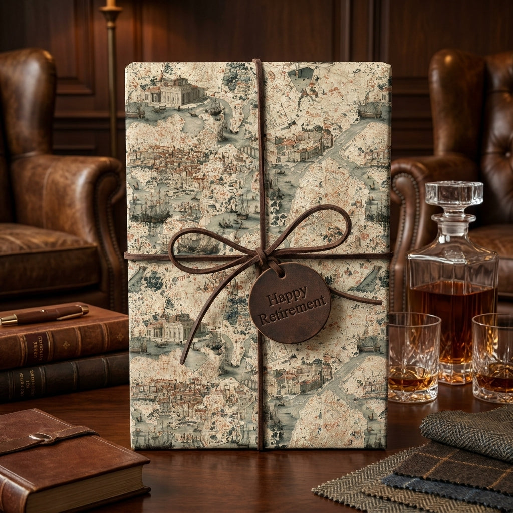 Vintage map wrapping paper on a luxury retirement gift with leather bow and tag by Wrapped Studios.