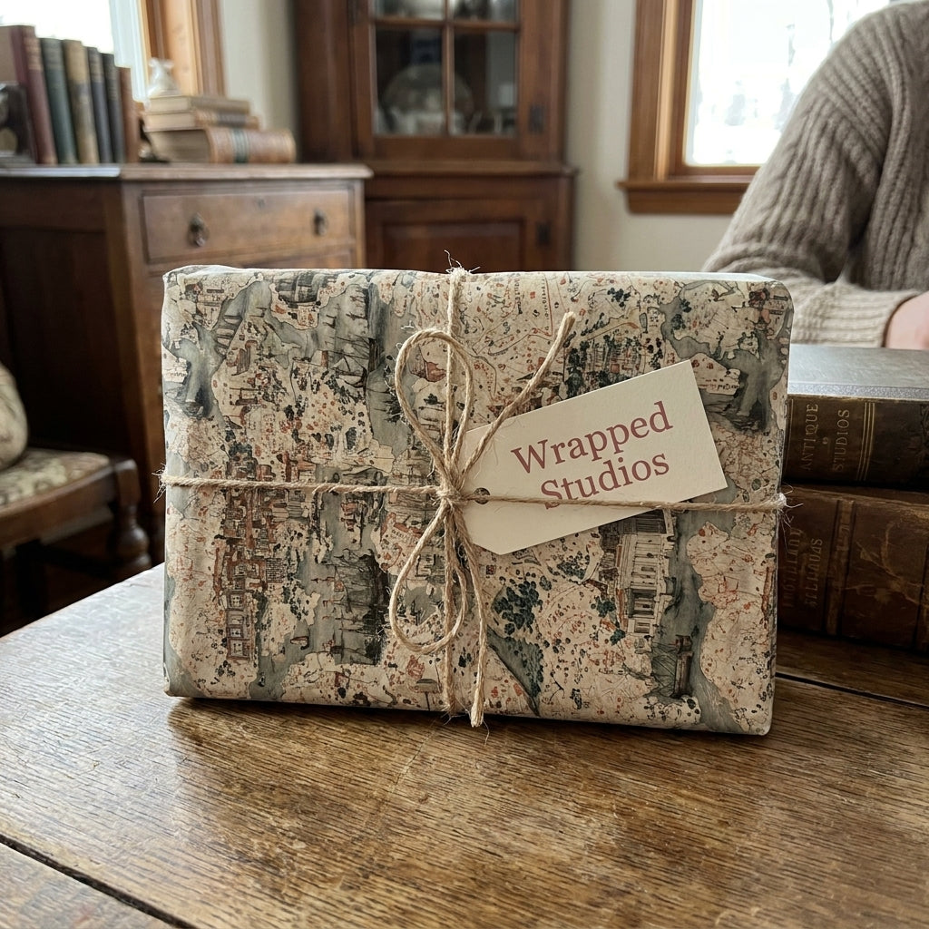 Vintage map wrapping paper tied with rustic twine and a Wrapped Studios gift tag on a wooden table.