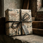 Vintage map wrapping paper from Wrapped Studios on a rustic gift box with twine and an 'Explore' metal tag.