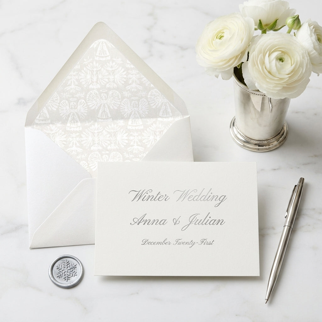 Elegant winter wedding invitation card with angel envelope liner and wax seal by Wrapped Studios.