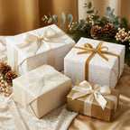 Elegant cream and gold Christmas wrapping paper with velvet ribbons, by Wrapped Studios.