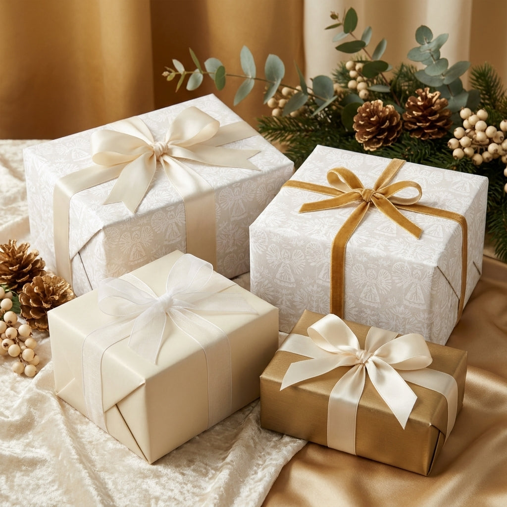 Elegant cream and gold Christmas wrapping paper with velvet ribbons, by Wrapped Studios.