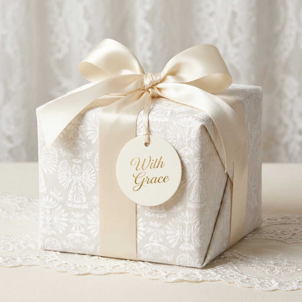 Luxury Christmas wrapping paper with elegant angel pattern and ivory satin bow by Wrapped Studios.