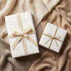 Elegant Christmas wrapping paper with neutral angel pattern and cream velvet ribbon by Wrapped Studios.