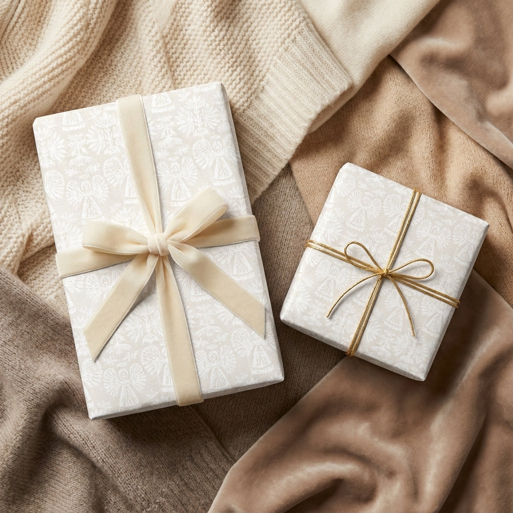 Elegant Christmas wrapping paper with neutral angel pattern and cream velvet ribbon by Wrapped Studios.