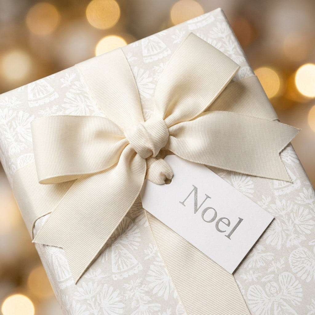 Luxury Christmas gift wrap with cream vintage pattern, elegant ribbon, and Noel tag by Wrapped Studios.