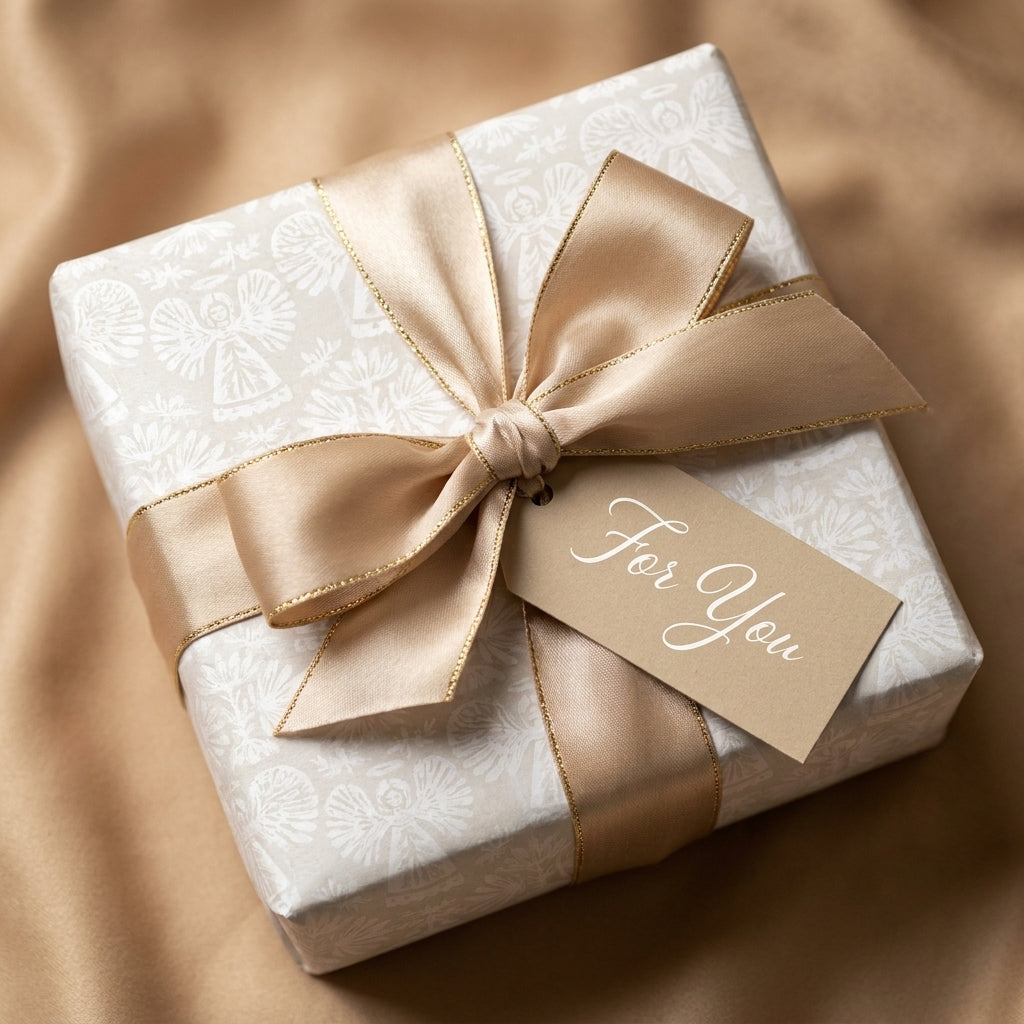 Luxury angel Christmas wrapping paper with champagne ribbon and 'For You' tag by Wrapped Studios.