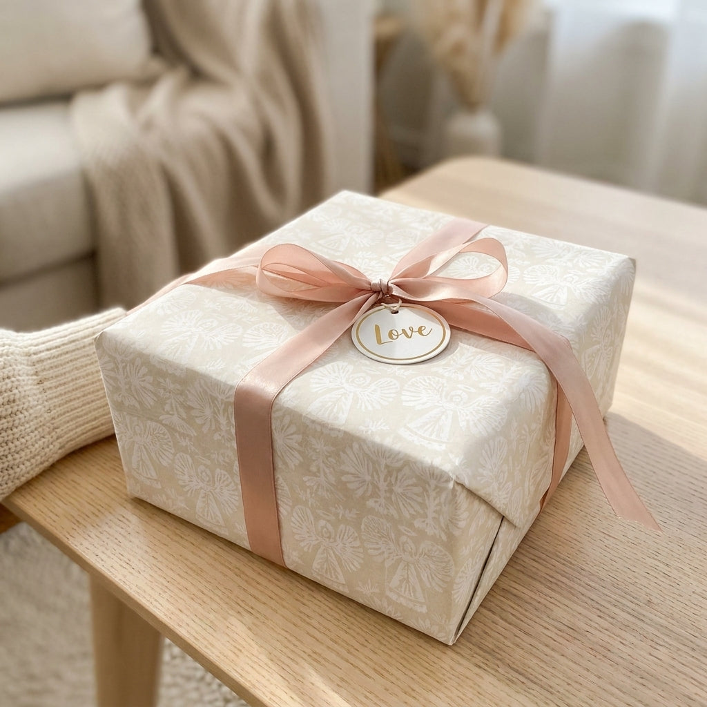 Elegant cream angel Christmas wrapping paper with a pink ribbon and gold Love tag by Wrapped Studios.