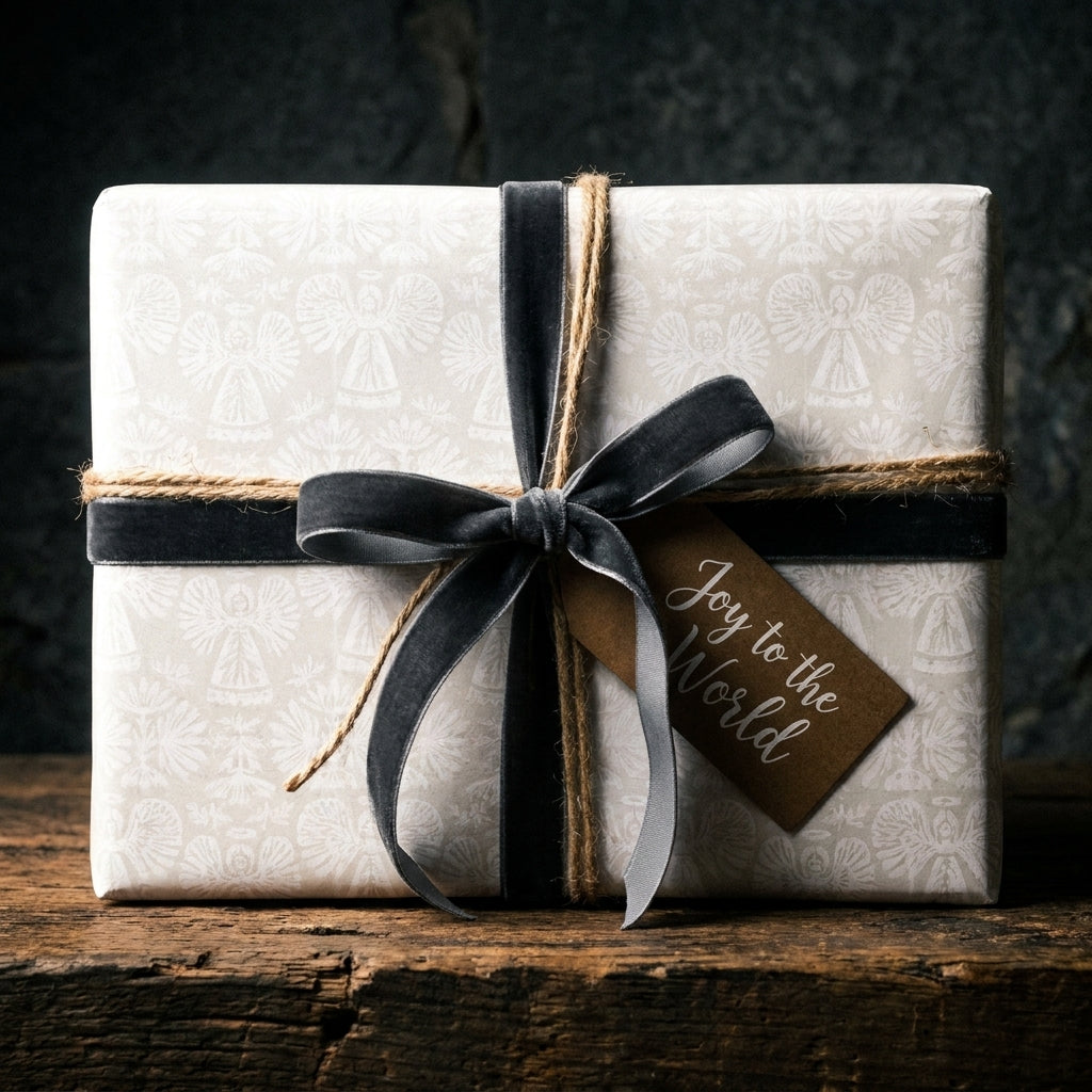 Elegant angel Christmas gift wrap with grey velvet ribbon and holiday tag, by Wrapped Studios.