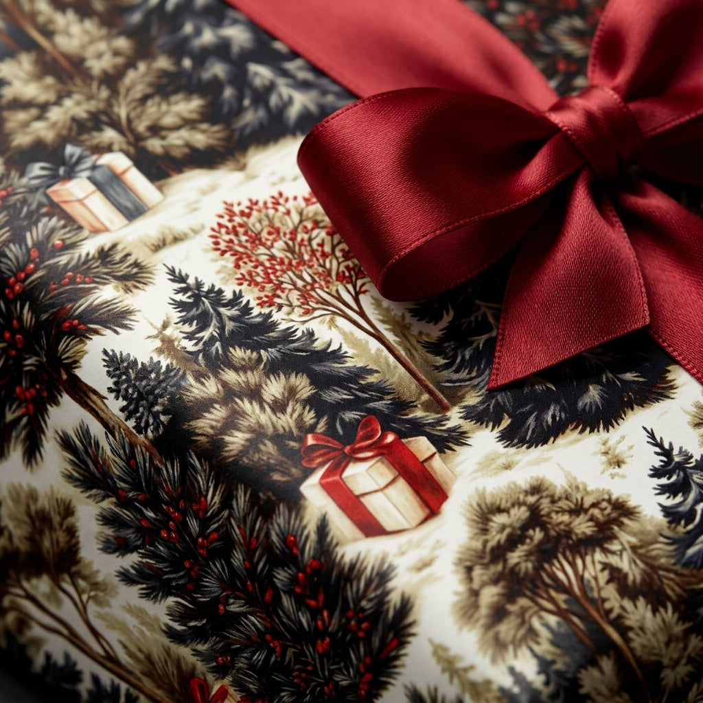 Luxury Christmas gift wrap with vintage forest pattern and red satin bow by Wrapped Studios.