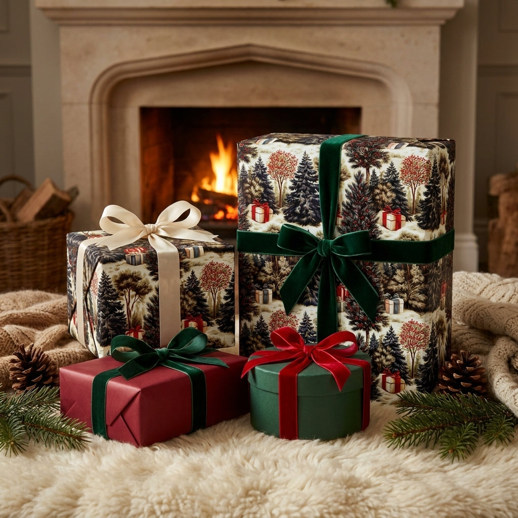 Luxury woodland Christmas wrapping paper with velvet ribbons by a cozy fireplace. By Wrapped Studios.