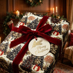 Vintage Christmas wrapping paper with winter tree print and red velvet bow by Wrapped Studios.