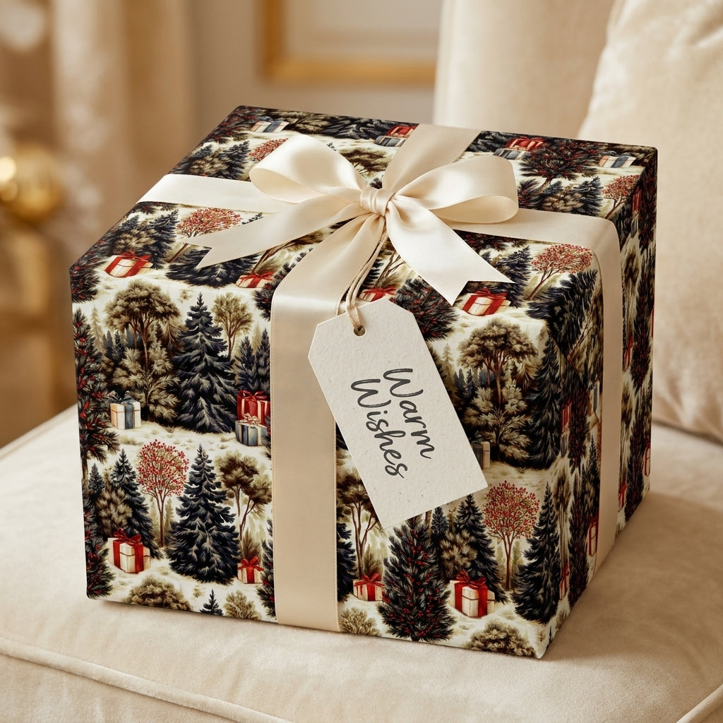 Vintage forest Christmas gift wrap with cream satin bow and Warm Wishes tag by Wrapped Studios.