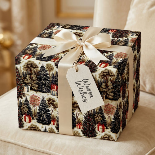 Vintage forest Christmas gift wrap with cream satin bow and Warm Wishes tag by Wrapped Studios.