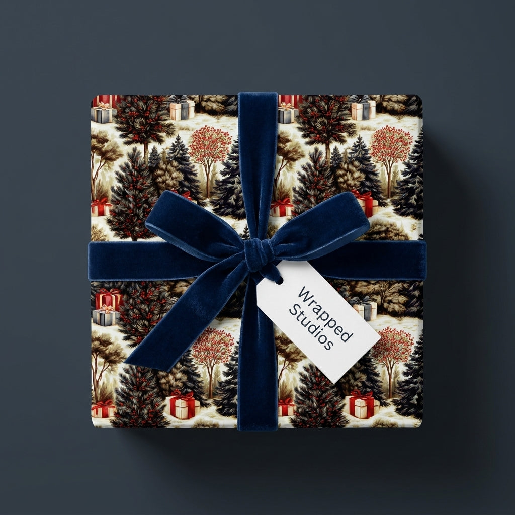 Vintage Christmas wrapping paper with a winter forest pattern and navy velvet bow by Wrapped Studios.