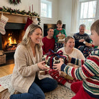 Family exchanging presents wrapped in luxury Christmas gift wrap by Wrapped Studios.