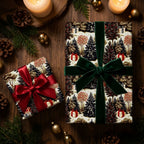 Luxury winter forest Christmas wrapping paper with elegant velvet bow on rustic wood by Wrapped Studios.