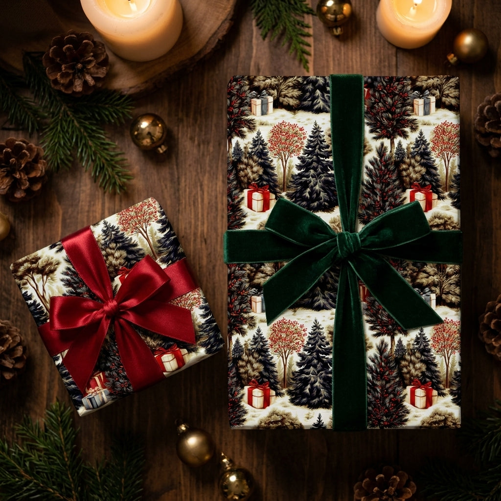 Luxury winter forest Christmas wrapping paper with elegant velvet bow on rustic wood by Wrapped Studios.