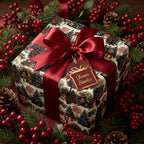 Luxury vintage Christmas gift wrap with red satin bow and From Santa tag by Wrapped Studios.