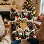 Vintage forest Christmas wrapping paper with a gold ribbon and Peace & Joy tag, by Wrapped Studios.